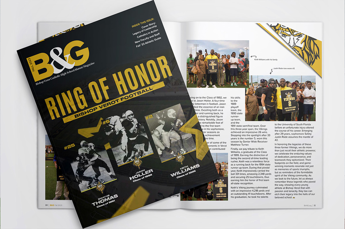 Cover and inside spread of B&G Alumni Magazine