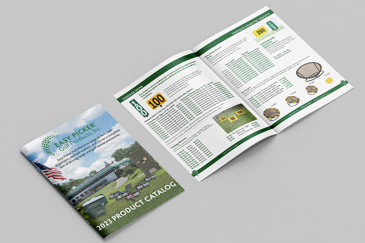 Golf supply catalog cover and inside spread