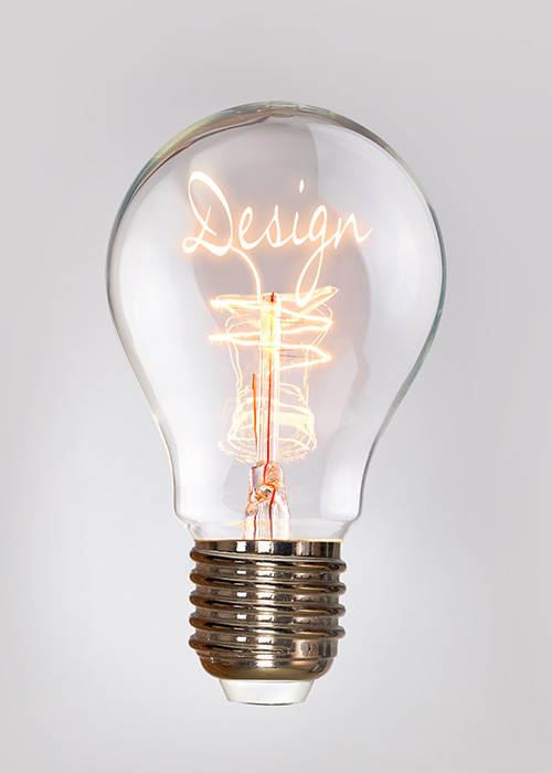 Lighbulb with the word Design in it as part of the filament