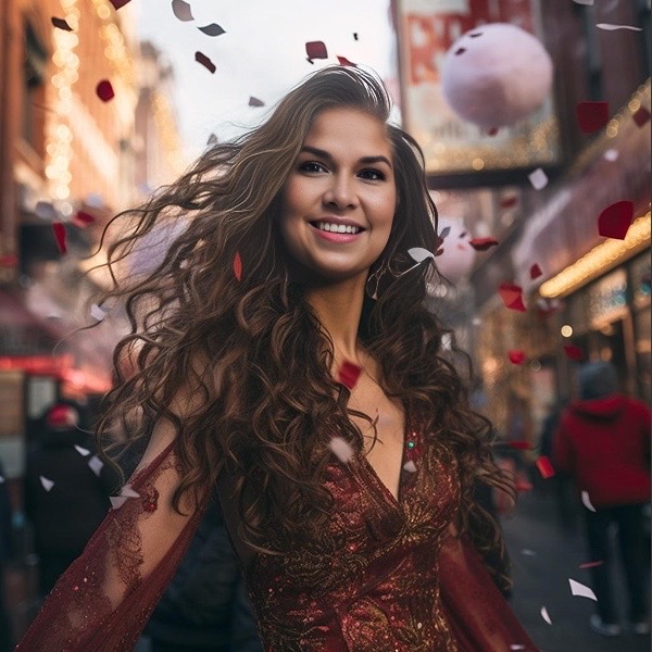 AI generated image of April Bordeaux with confetti falling 