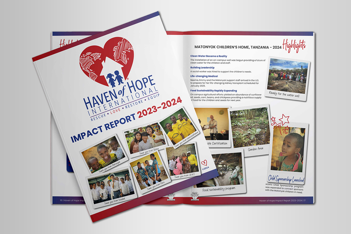 Mockup of the cover and inside spread of Haven of Hope's 20223-2024 Impact Report