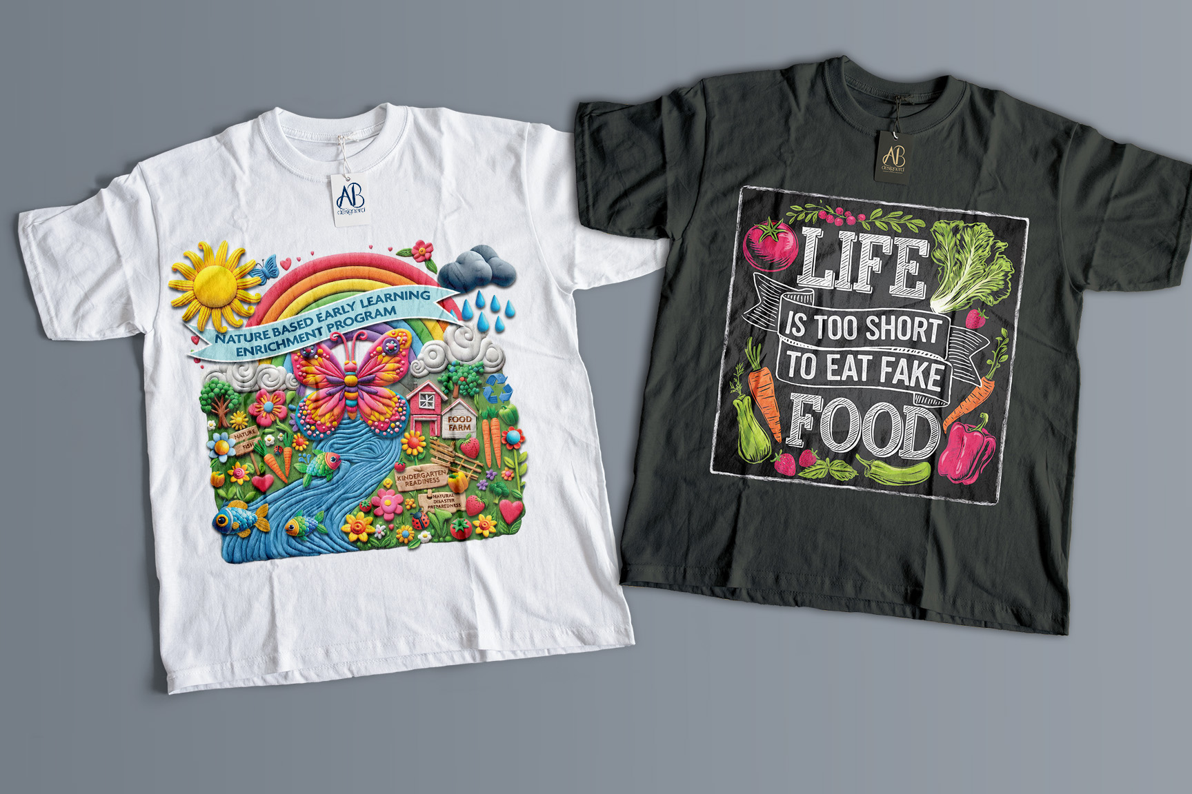 Two t-shirts promoting kids' learning and gardening for The Healthy Earth Org.