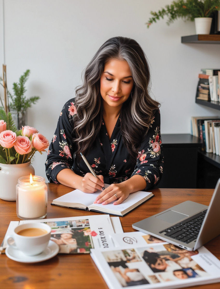AI generated image of April Bordeaux with a BOLD short hairstyle with a streak of white in the front